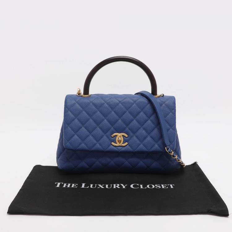 Pre Owned Chanel Coco Blue/Burgundy Quilted Caviar Leather and Lizard Embossed Top Handle Bag