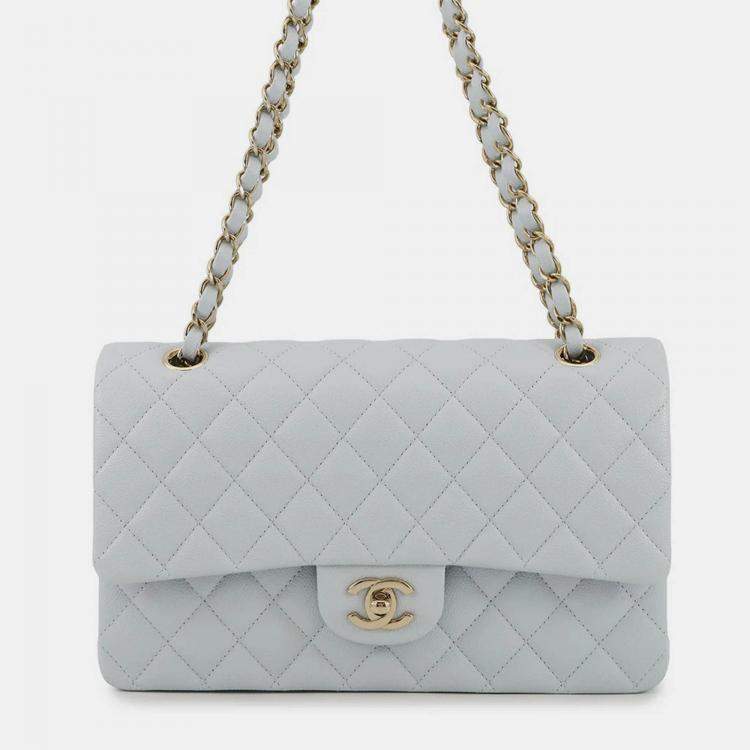 Pre Owned Chanel Matelasse W Flap Chain shoulder Bag Light Blue Caviar Leather Size 25