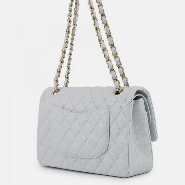 Pre Owned Chanel Matelasse W Flap Chain shoulder Bag Light Blue Caviar Leather Size 25