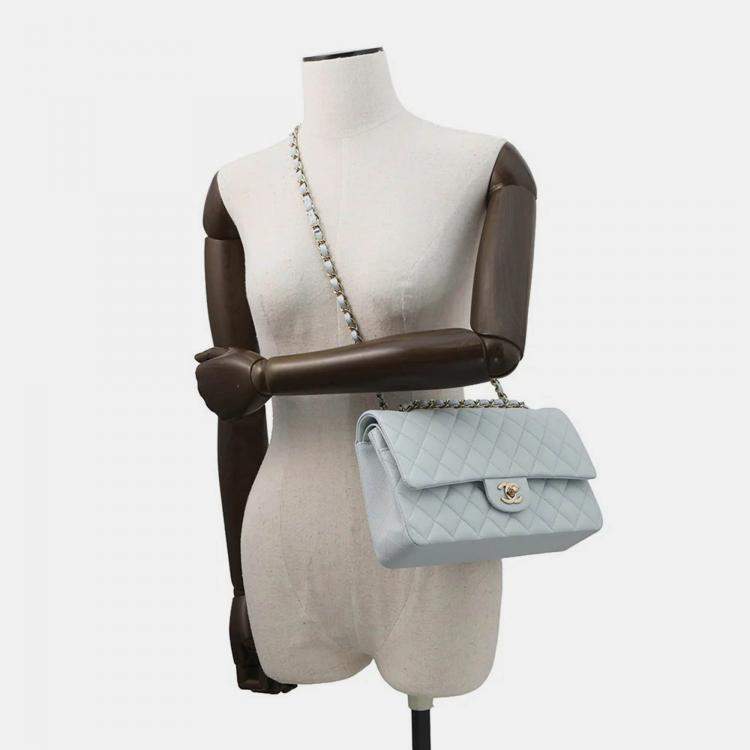 Pre Owned Chanel Matelasse W Flap Chain shoulder Bag Light Blue Caviar Leather Size 25