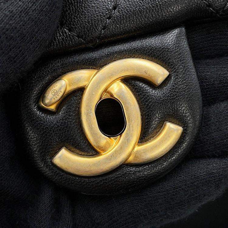 Pre Owned Chanel Bowling Bag Black Caviar Leather Lambskin Size Large