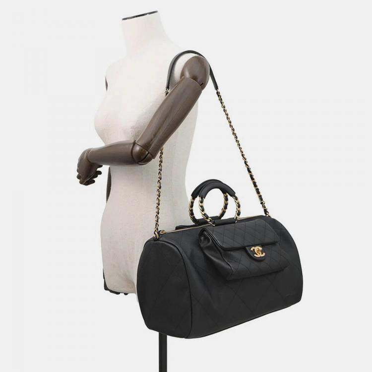 Pre Owned Chanel Bowling Bag Black Caviar Leather Lambskin Size Large