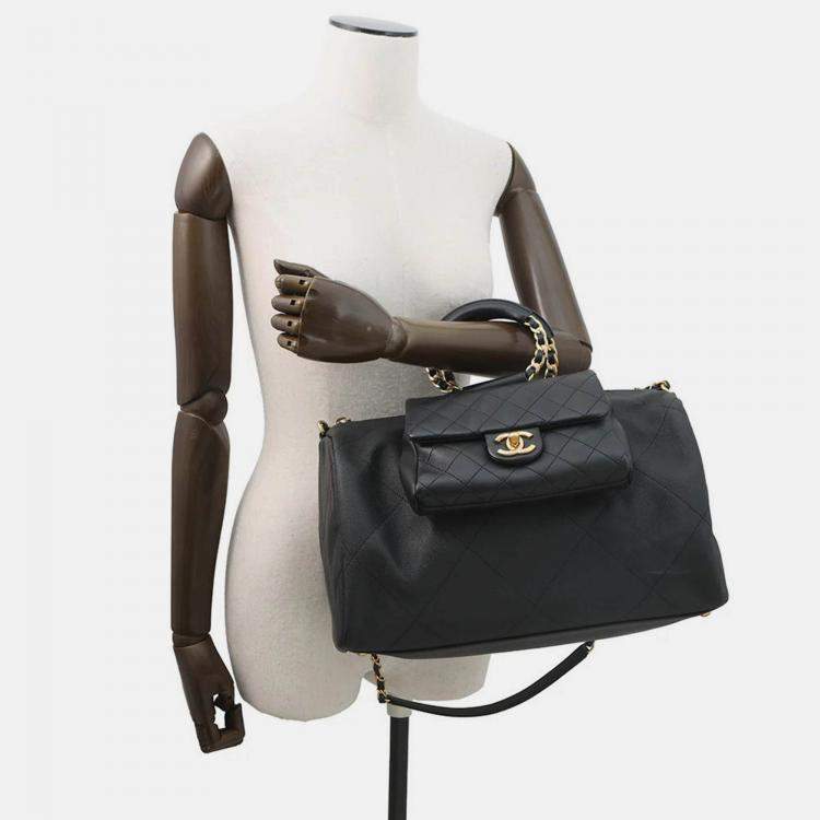 Pre Owned Chanel Bowling Bag Black Caviar Leather Lambskin Size Large