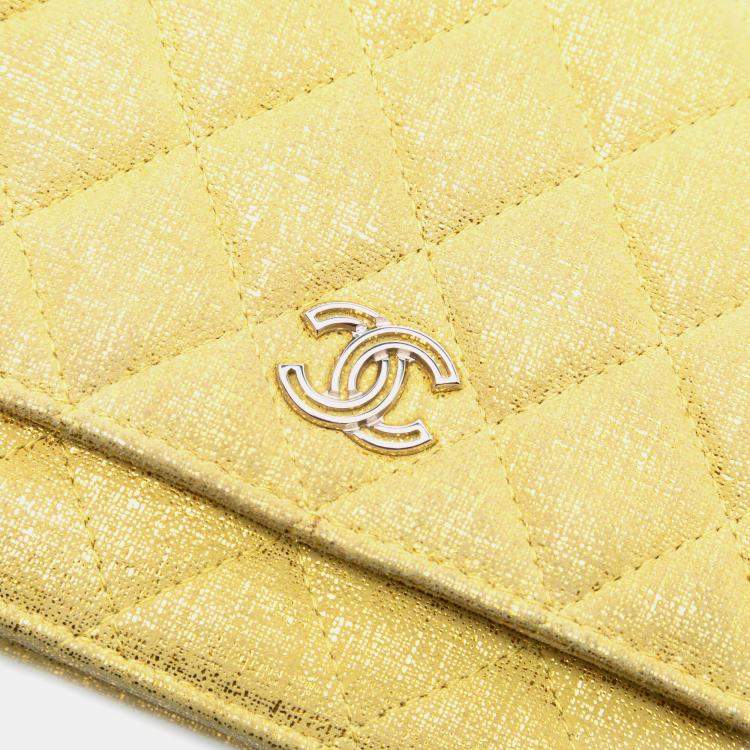Pre Owned Chanel Yellow CC Quilted Metallic Fabric Wallet On Chain