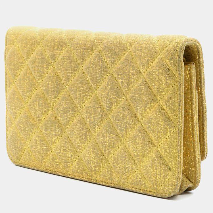 Pre Owned Chanel Yellow CC Quilted Metallic Fabric Wallet On Chain