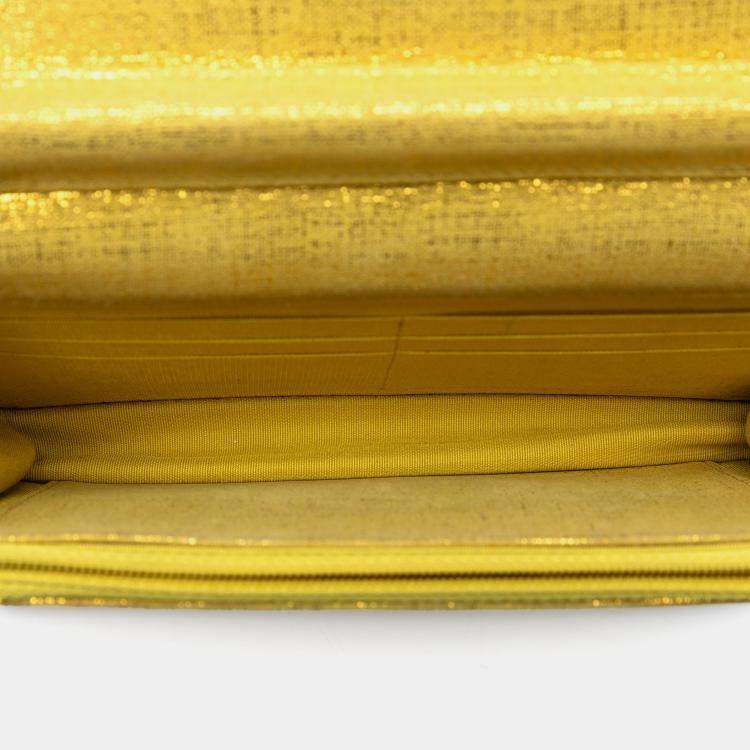 Pre Owned Chanel Yellow CC Quilted Metallic Fabric Wallet On Chain