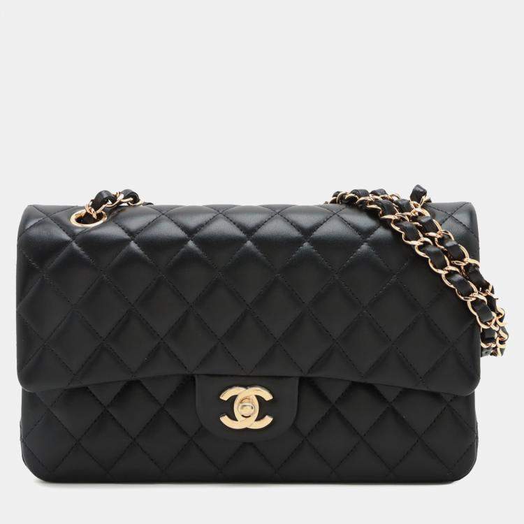 Pre Owned Chanel Black Medium Classic Lambskin Double Flap