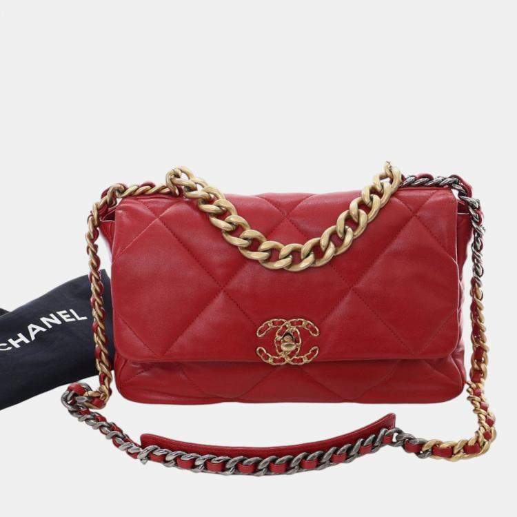 Pre Owned Chanel Red Large Lambskin 19 Flap