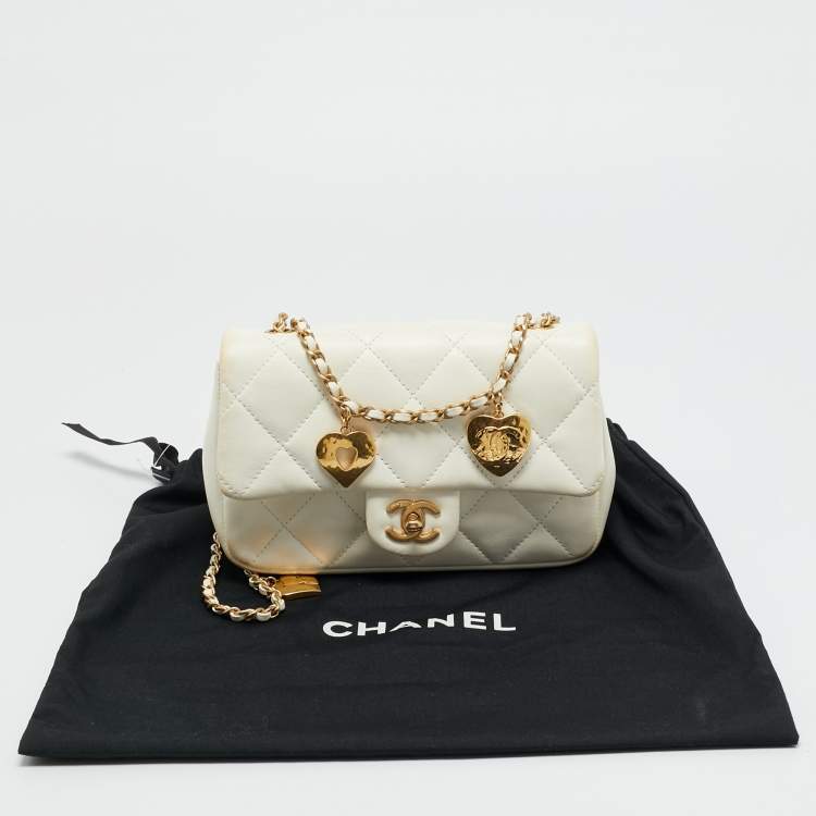 Pre Owned Chanel Heart Charm Classic Single New Mini White Quilted Leather Flap Bag