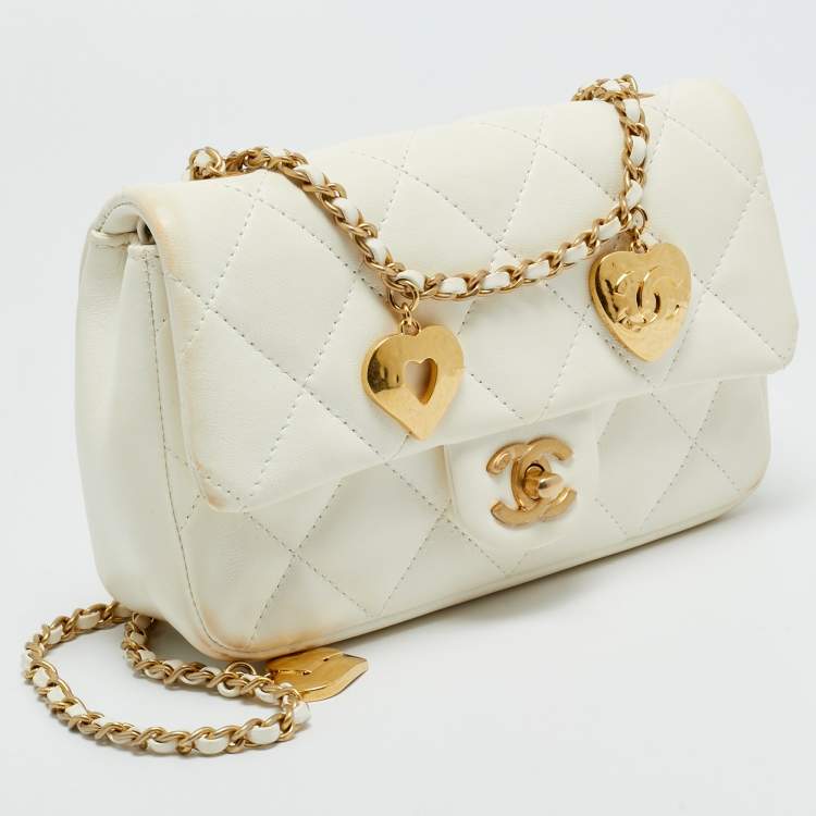 Pre Owned Chanel Heart Charm Classic Single New Mini White Quilted Leather Flap Bag