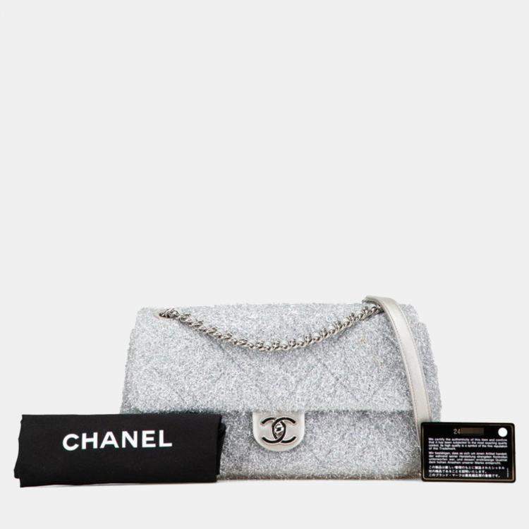Pre Owned Chanel Pour Tou Glitter Chain Shoulder Bag Silver Microfiber Lambskin