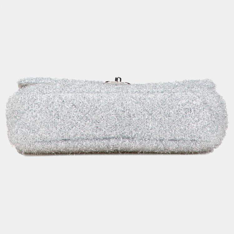 Pre Owned Chanel Pour Tou Glitter Chain Shoulder Bag Silver Microfiber Lambskin