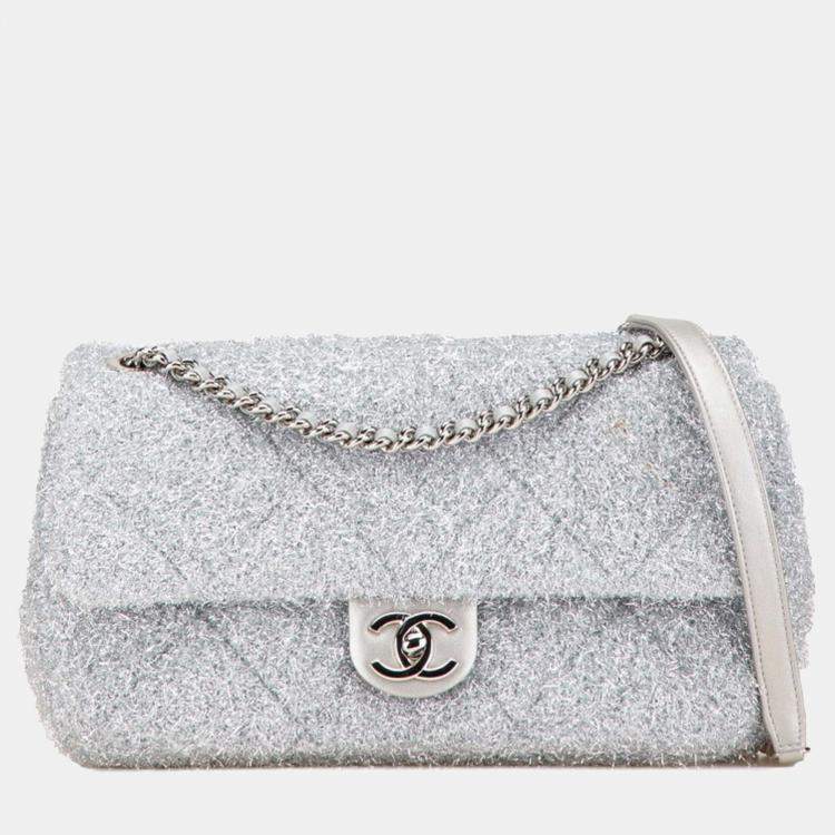 Pre Owned Chanel Pour Tou Glitter Chain Shoulder Bag Silver Microfiber Lambskin