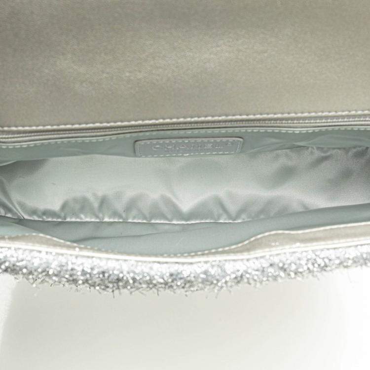 Pre Owned Chanel Pour Tou Glitter Chain Shoulder Bag Silver Microfiber Lambskin