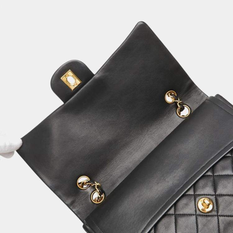 Pre Owned Chanel Matelasse Coco Mark Double Flap Shoulder Bag In Black And Gold Lambskin