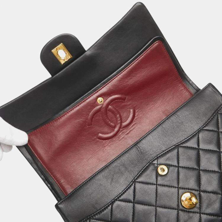 Pre Owned Chanel Matelasse Coco Mark Double Flap Shoulder Bag In Black And Gold Lambskin