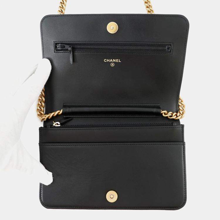 Pre Owned Chanel Chain Wallet Boy Matelasse Coco Mark Black