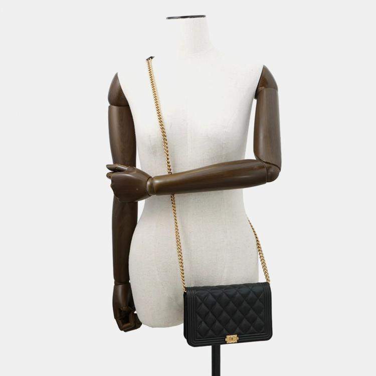 Pre Owned Chanel Chain Wallet Boy Matelasse Coco Mark Black