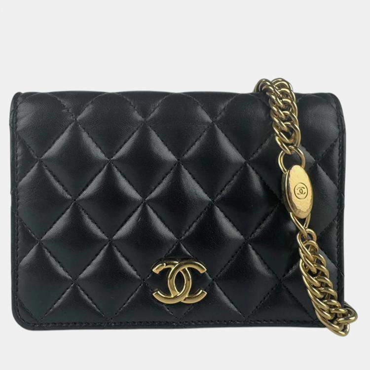 Pre Owned Chanel Chain Wallet Lambskin Black And Gold