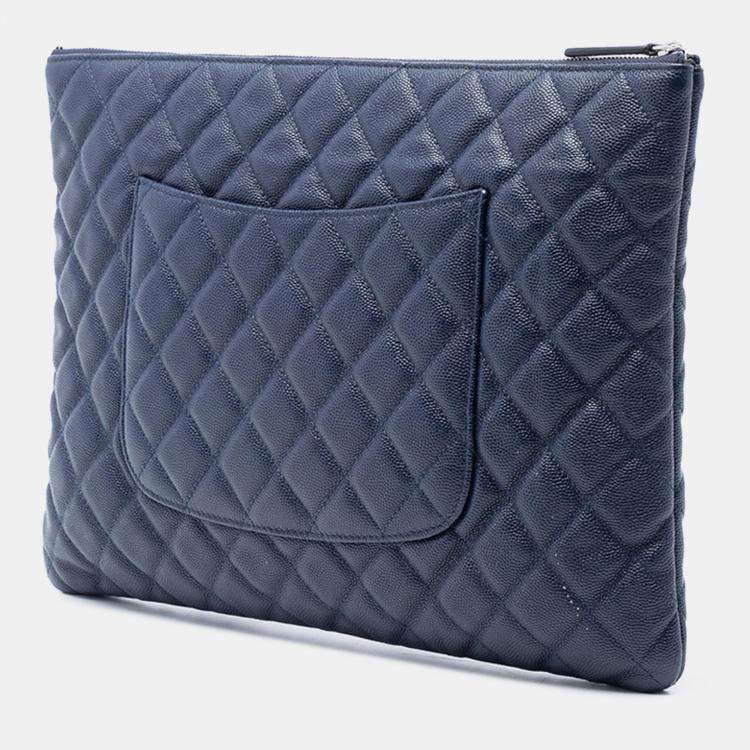 Pre Owned Chanel Blue Large Quilted Caviar O Case Clutch