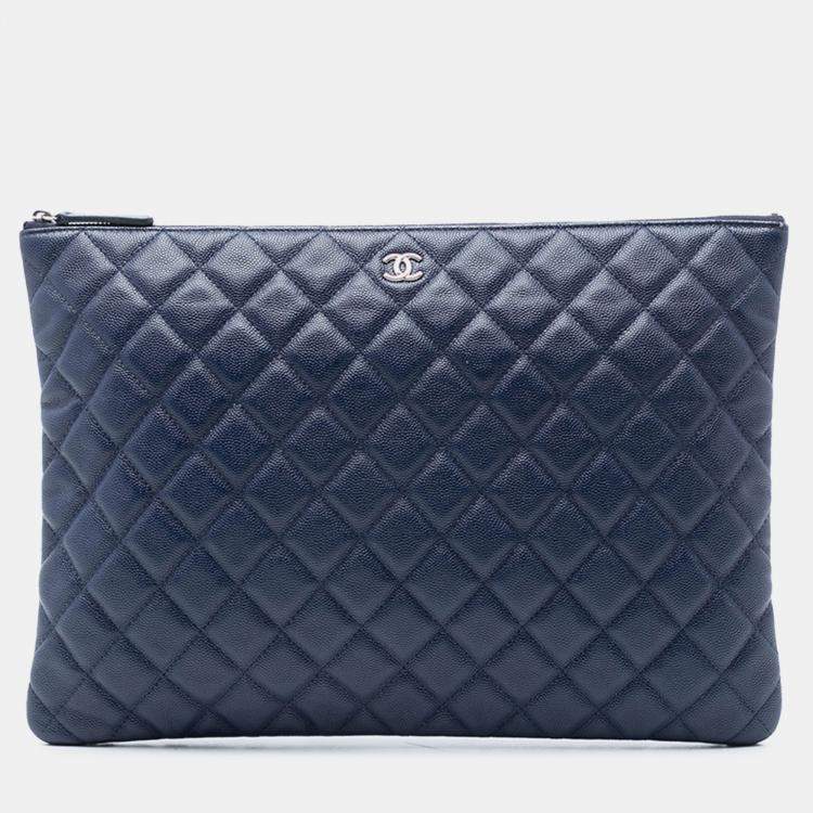 Pre Owned Chanel Blue Large Quilted Caviar O Case Clutch