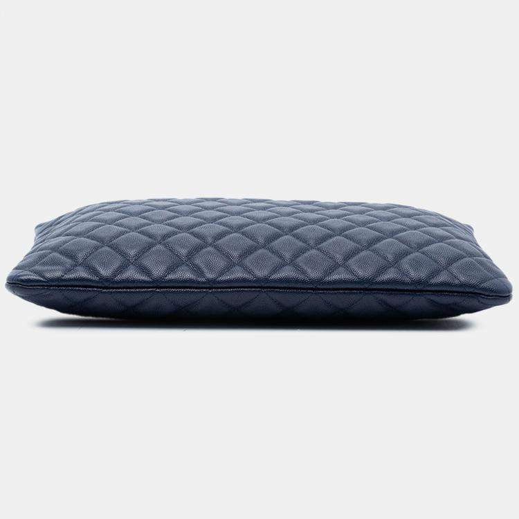 Pre Owned Chanel Blue Large Quilted Caviar O Case Clutch