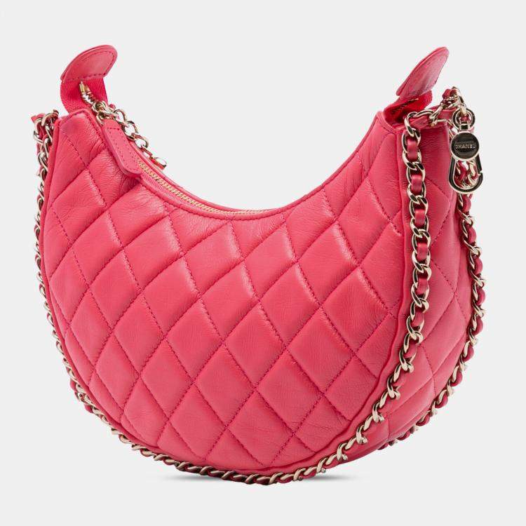 Pre Owned Chanel Pink Small Quilted Lambskin Chain Around Hook Hobo Bag