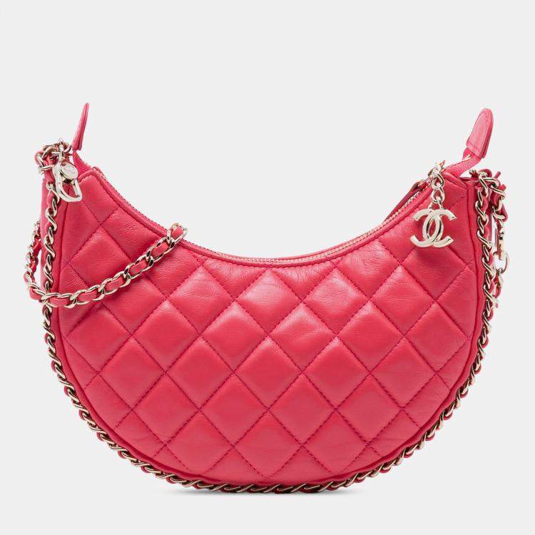 Pre Owned Chanel Pink Small Quilted Lambskin Chain Around Hook Hobo Bag