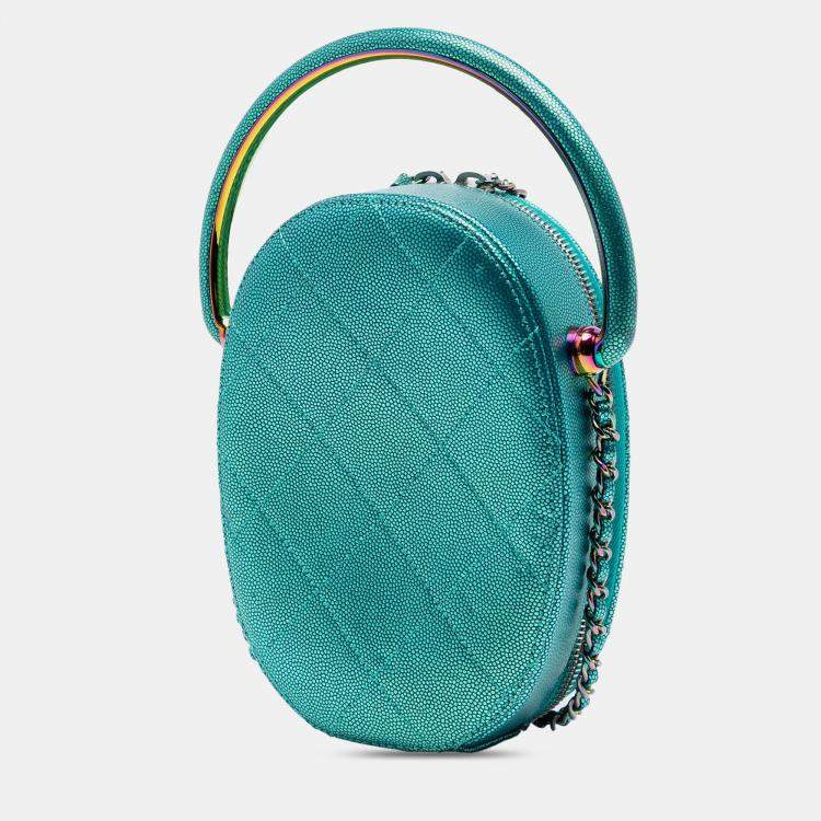 Pre Owned Chanel Blue Quilted Metallic Caviar Rainbow Hardware Oval Camera Bag