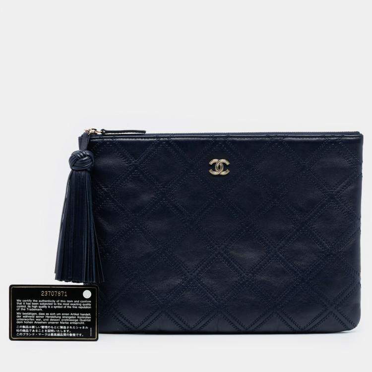 Pre Owned Chanel Blue Medium Quilted Lambskin Double Stitch Tassel O Case Clutch