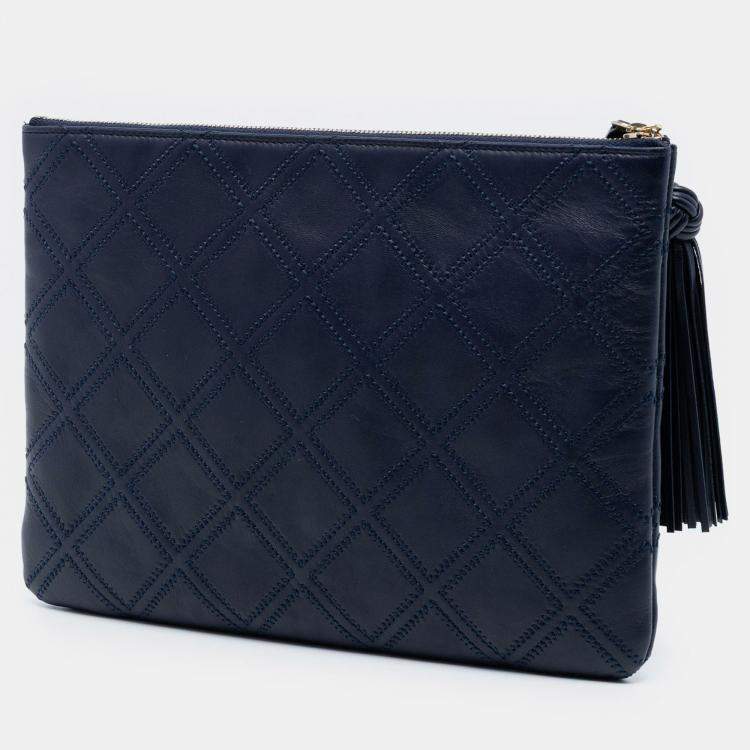 Pre Owned Chanel Blue Medium Quilted Lambskin Double Stitch Tassel O Case Clutch