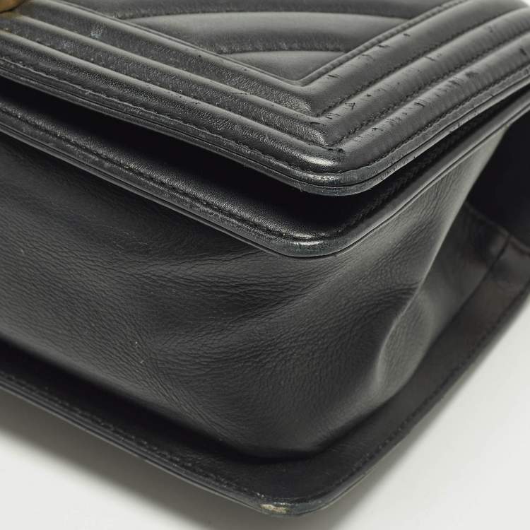Pre Owned Chanel Boy Medium Black Chevron Leather Flap Bag