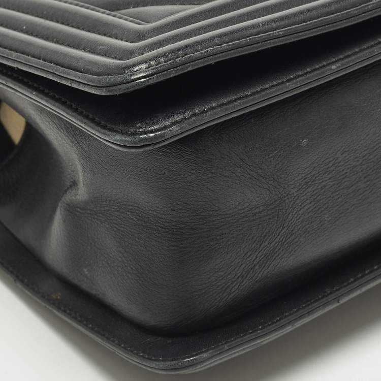 Pre Owned Chanel Boy Medium Black Chevron Leather Flap Bag