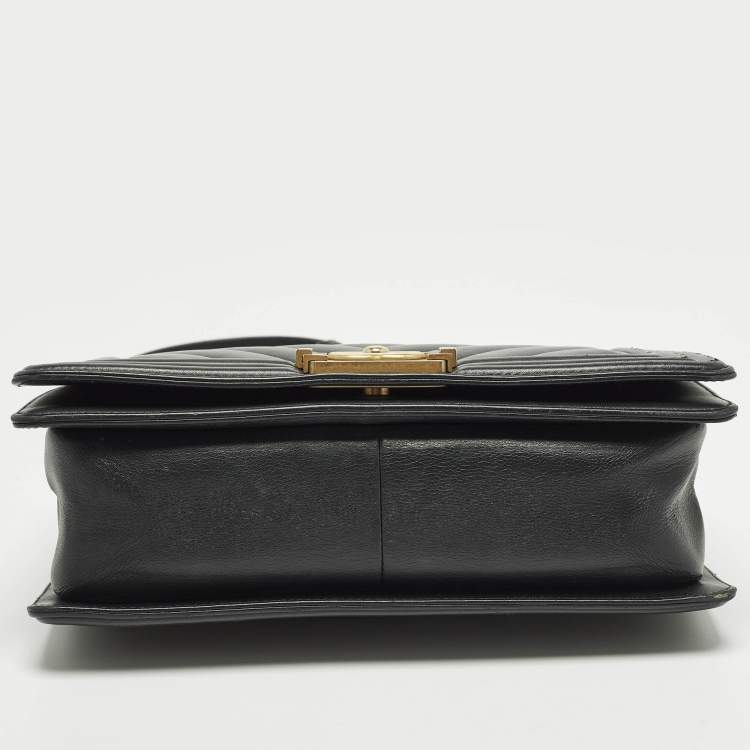 Pre Owned Chanel Boy Medium Black Chevron Leather Flap Bag