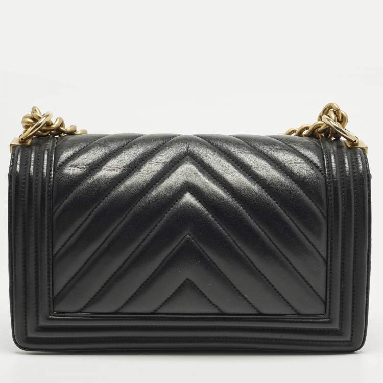 Pre Owned Chanel Boy Medium Black Chevron Leather Flap Bag
