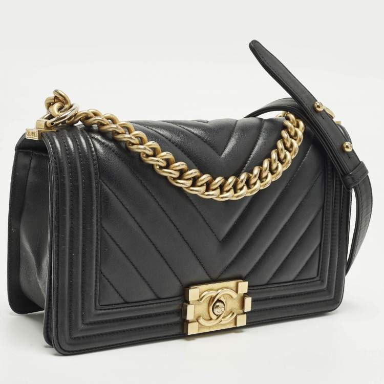 Pre Owned Chanel Boy Medium Black Chevron Leather Flap Bag