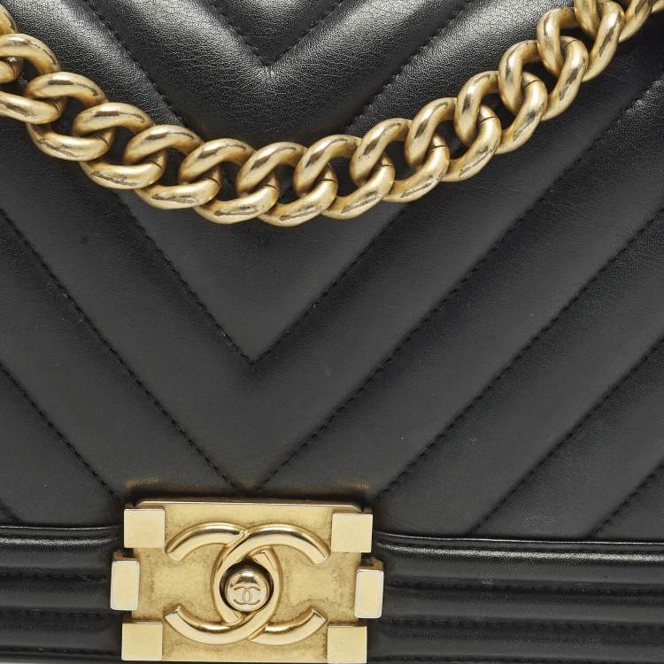 Pre Owned Chanel Boy Medium Black Chevron Leather Flap Bag