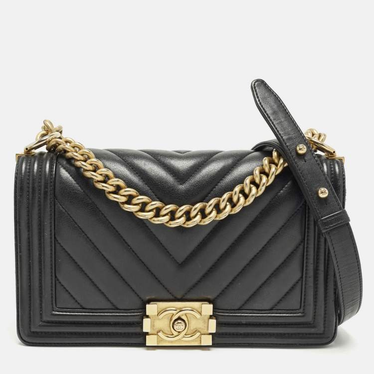 Pre Owned Chanel Boy Medium Black Chevron Leather Flap Bag