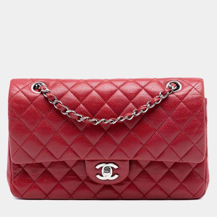 Pre Owned Chanel Red Medium Classic Caviar Double Flap