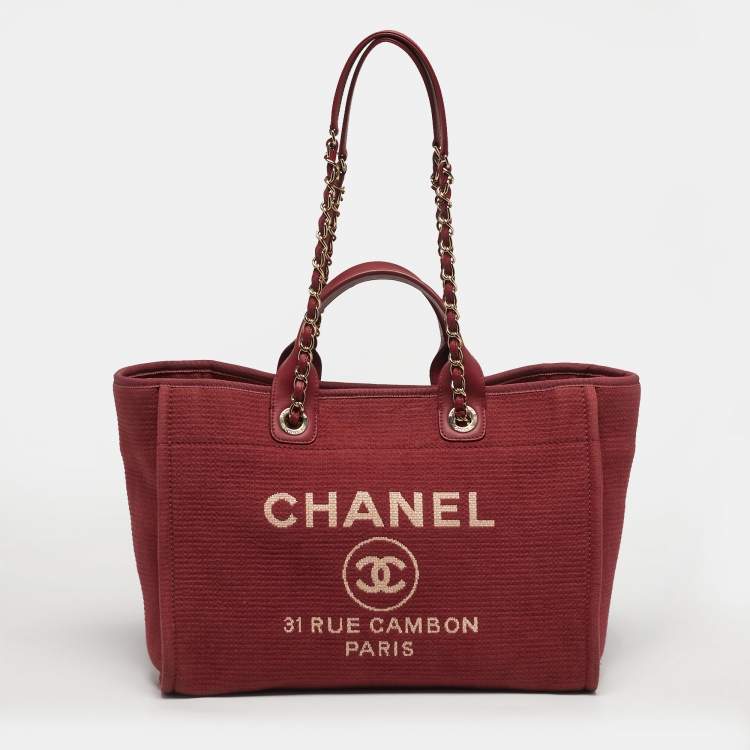 Pre Owned Chanel Deauville Burgundy Large Canvas and Leather Shopper Tote