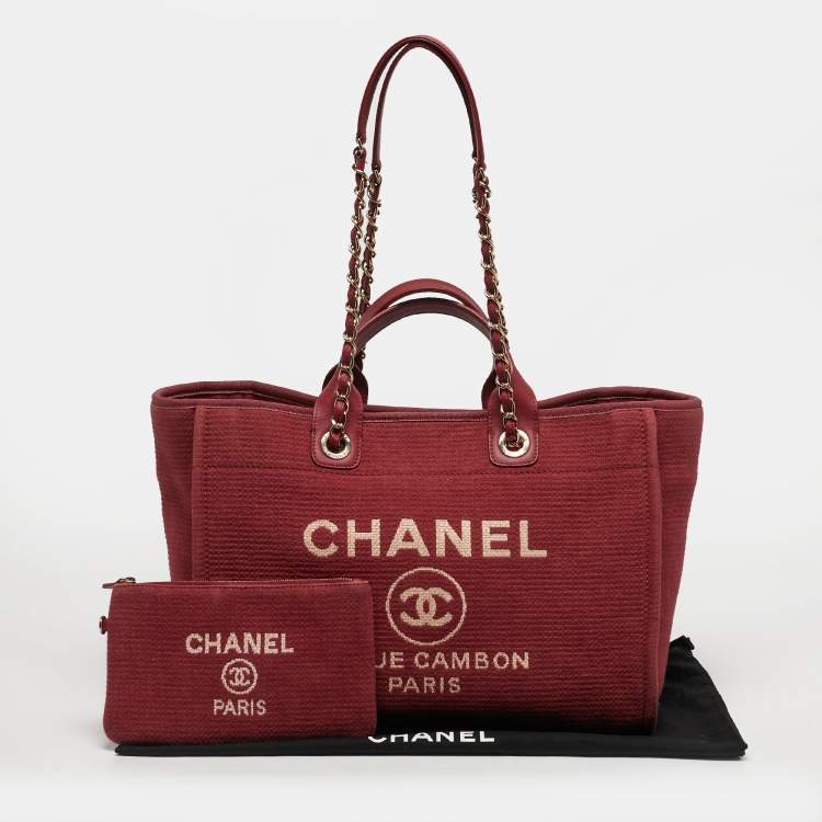 Pre Owned Chanel Deauville Burgundy Large Canvas and Leather Shopper Tote