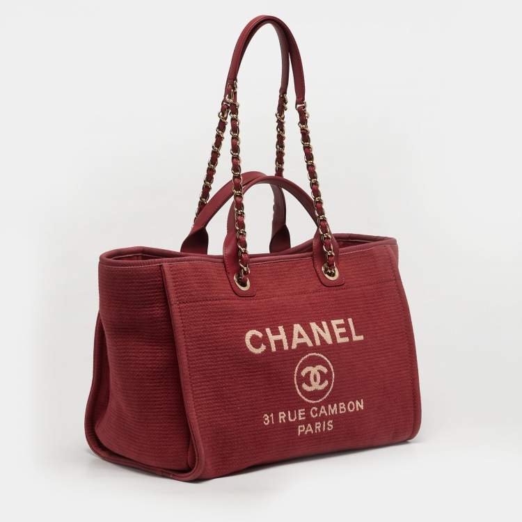 Pre Owned Chanel Deauville Burgundy Large Canvas and Leather Shopper Tote