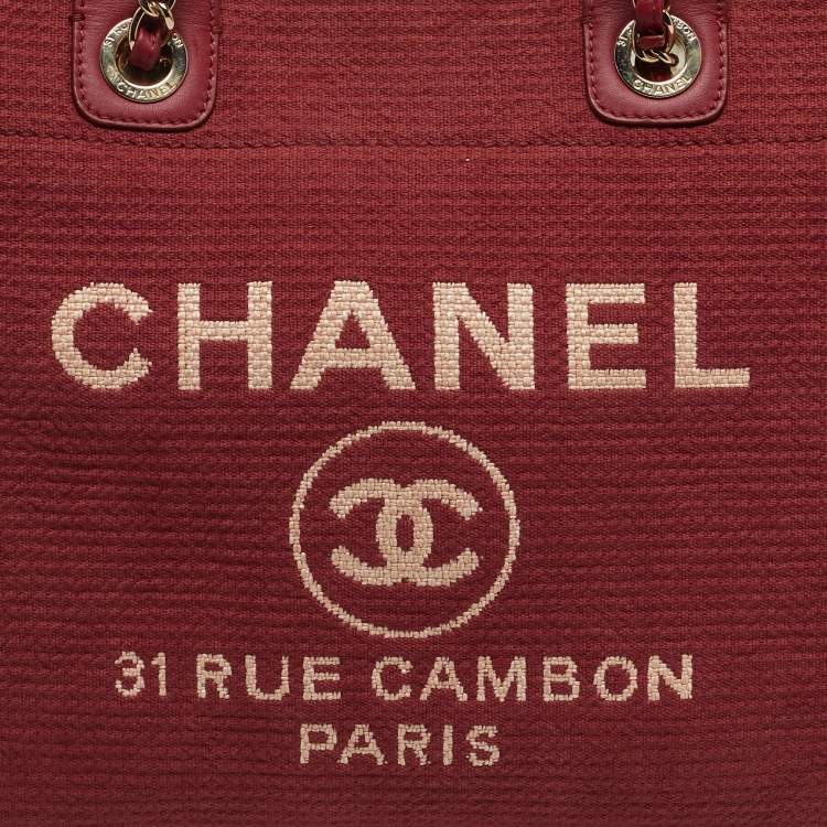 Pre Owned Chanel Deauville Burgundy Large Canvas and Leather Shopper Tote