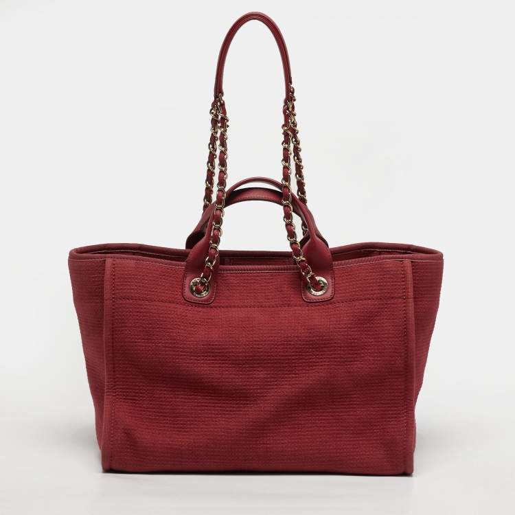 Pre Owned Chanel Deauville Burgundy Large Canvas and Leather Shopper Tote