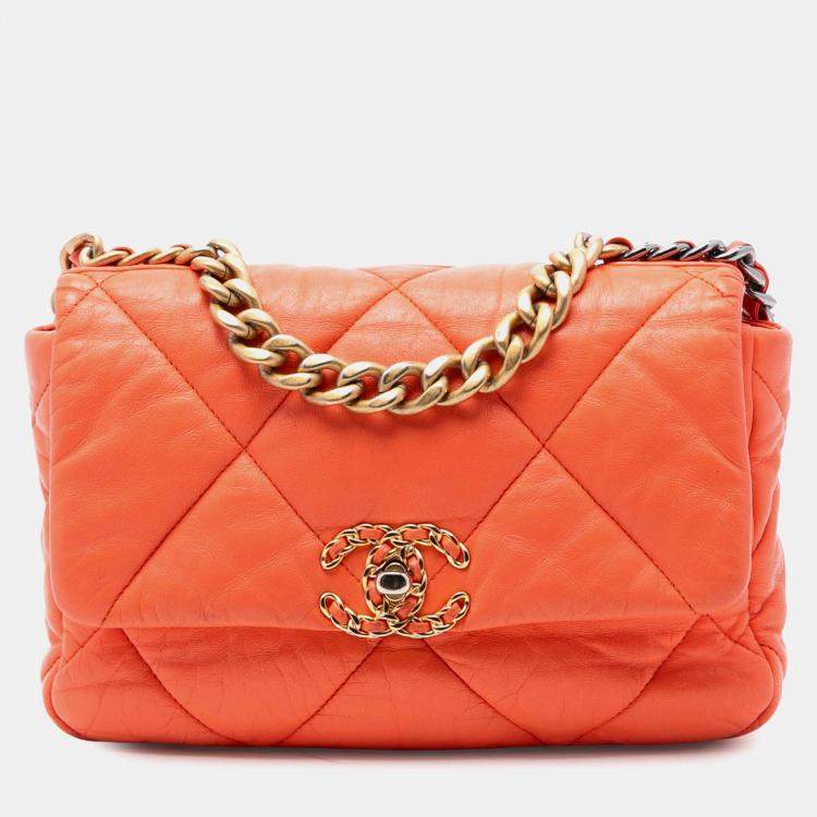 Pre Owned Chanel Orange Medium Lambskin 19 Flap