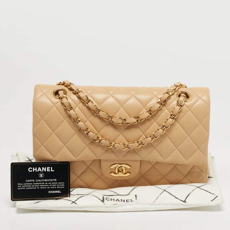 Pre Owned Chanel Classic Double Flap Medium Beige Quilted Leather Shoulder Bag