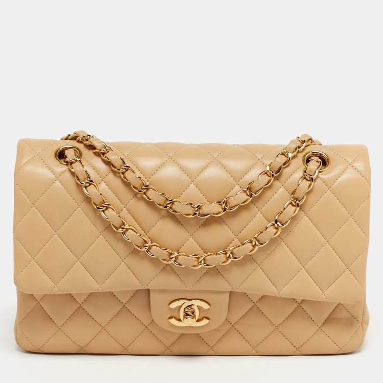 Pre Owned Chanel Classic Double Flap Medium Beige Quilted Leather Shoulder Bag
