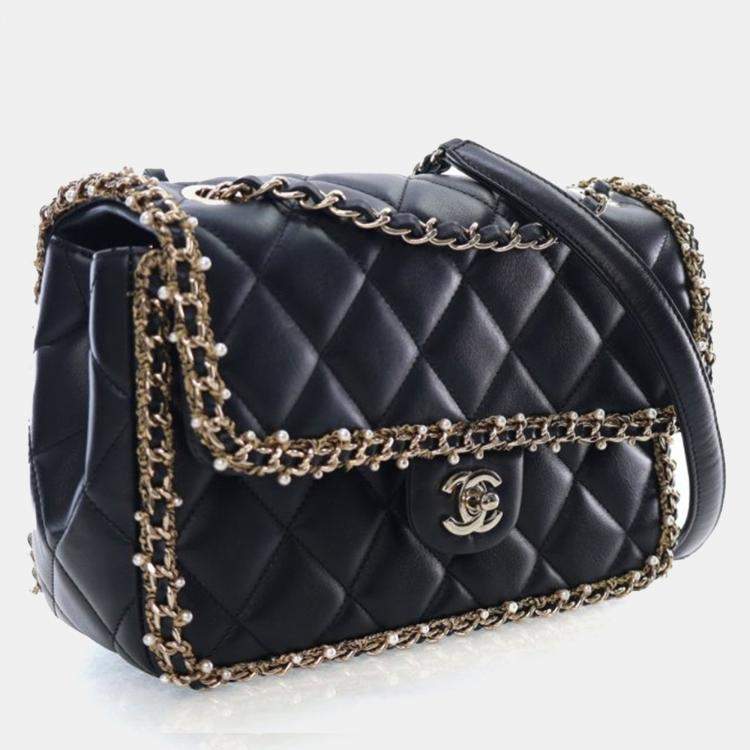 Pre Owned Chanel Medium Lambskin Pearl Chain Around Flap Bag