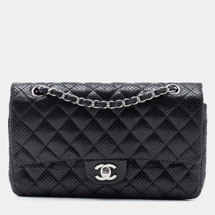 Pre Owned Chanel Black Medium Classic Perforated Lambskin Double Flap