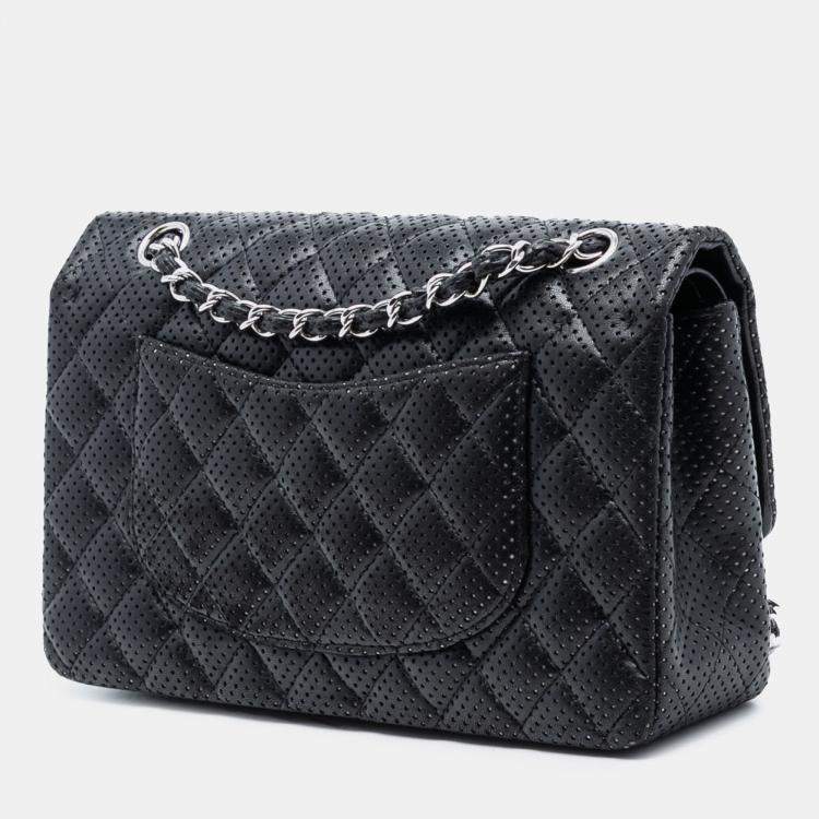 Pre Owned Chanel Black Medium Classic Perforated Lambskin Double Flap